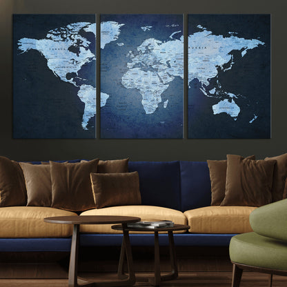 Push Pin World Map Canvas Print – Framed Wall Art for Couples to Track Their Travels – Anniversary Gift or Home Adventure Decor