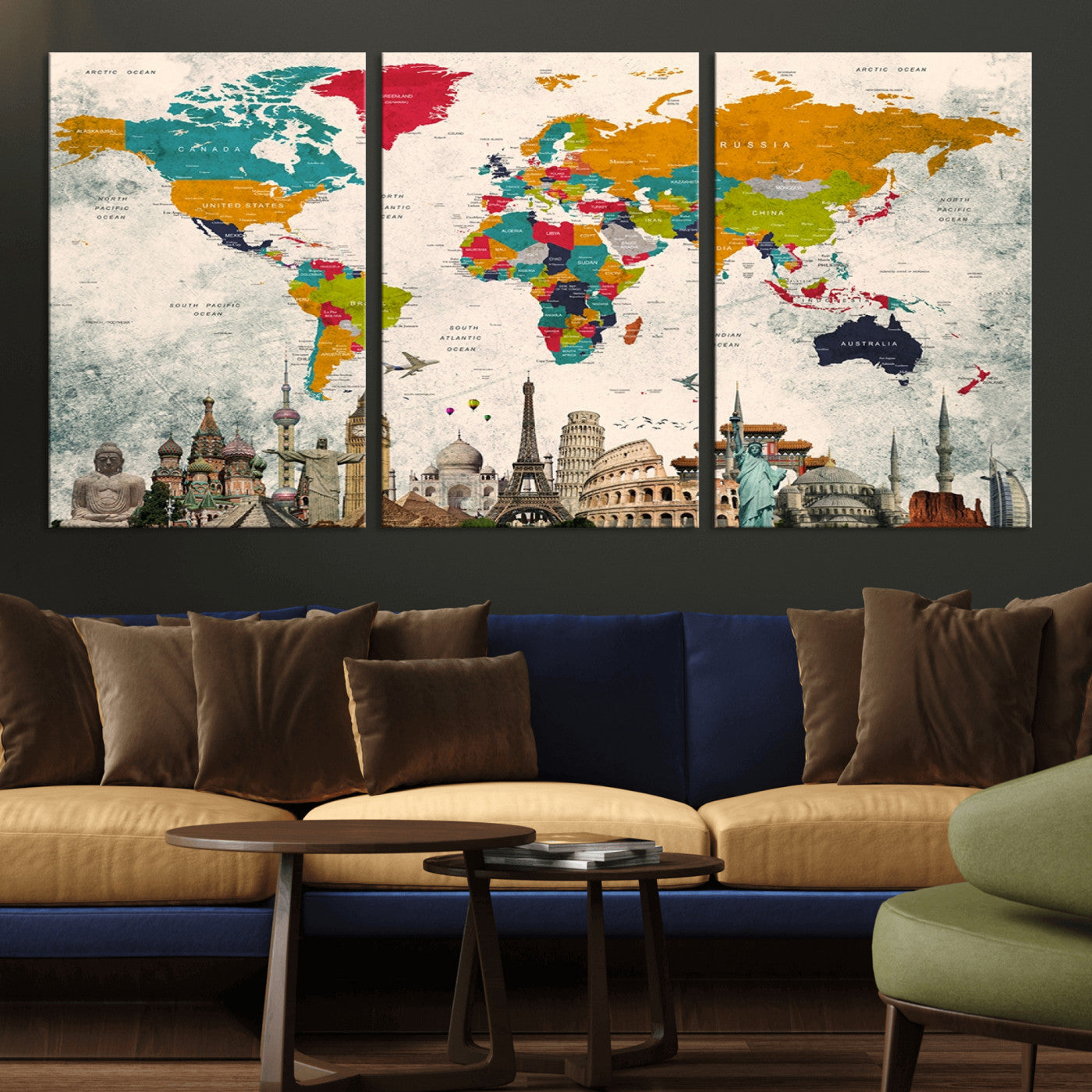 Push Pin World Map Canvas Print – Framed Wall Art for Couples to Track Their Travels – Anniversary Gift or Home Adventure Decor
