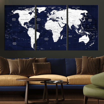 Push Pin World Map Canvas Print – Framed Wall Art for Couples to Track Their Travels – Anniversary Gift or Home Adventure Decor