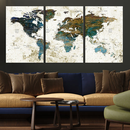 Vintage World Map Wall Art Canvas Print, Framed Rustic Earth Map Art Picture Print, Antique Map Perfect Rustic Vintage Decor Artwork