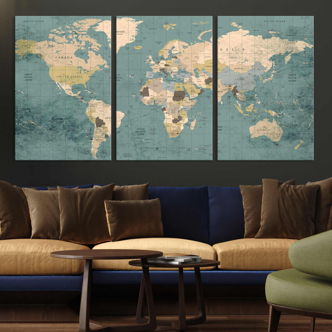 Classic World Map Wall Art Canvas Print, Framed Retro Map Art Picture Print, Vintage Atlas Perfect Rustic Explorer Decor Artwork