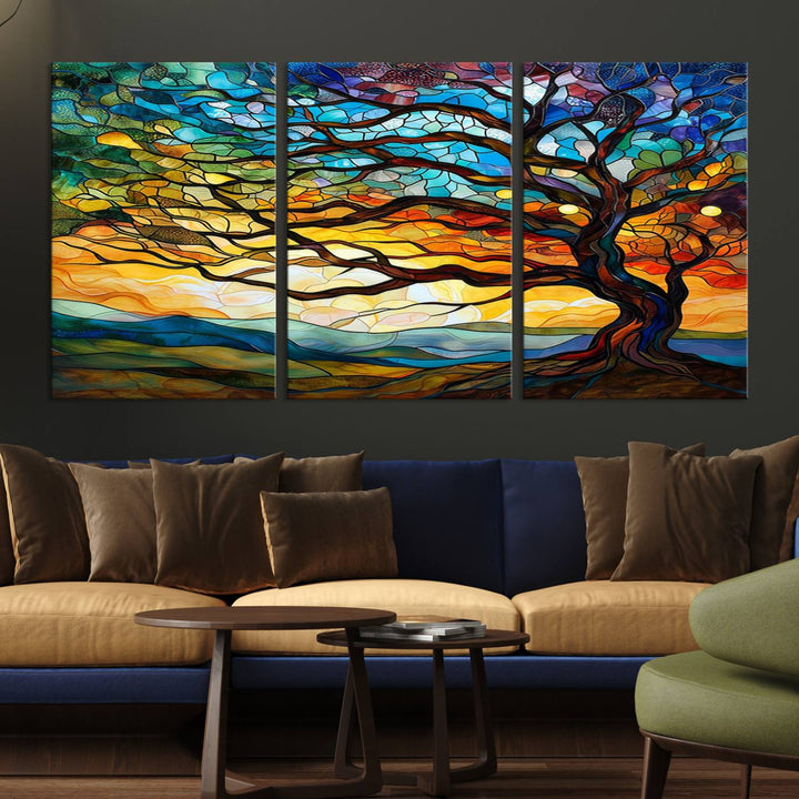 A vivid Tree of Life in stained glass style is depicted with twisted branches, a colorful sky, and hills on a ready-to-hang canvas.