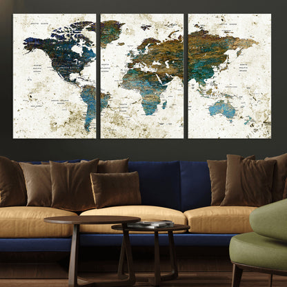 Push Pin World Map Canvas Print – Framed Wall Art for Couples to Track Their Travels – Anniversary Gift or Home Adventure Decor