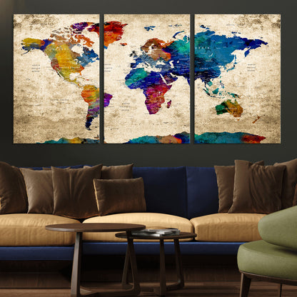 Push Pin World Map Canvas Print – Framed Wall Art for Couples to Track Their Travels – Anniversary Gift or Home Adventure Decor
