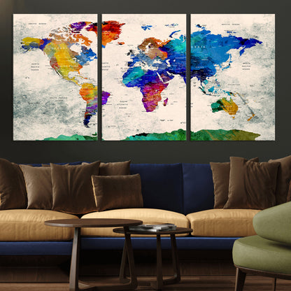 Push Pin World Map Canvas Print – Framed Wall Art for Couples to Track Their Travels – Anniversary Gift or Home Adventure Decor