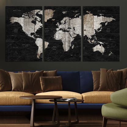 Push Pin World Map Canvas Print – Framed Wall Art for Couples to Track Their Travels – Anniversary Gift or Home Adventure Decor