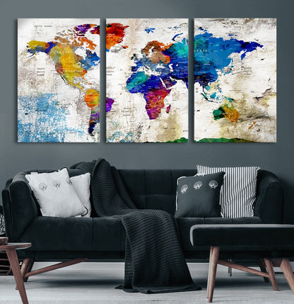 Push Pin World Map Canvas Print – Framed Wall Art for Couples to Track Their Travels – Anniversary Gift or Home Adventure Decor