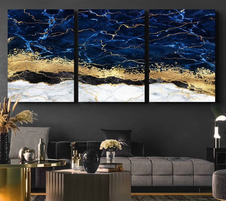 Navy Blue Marble Fluid Effect Wall Art Abstract Canvas Wall Art Print