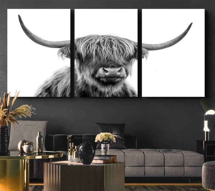 Scottish Highland Cow Cattle Art Print Wall Art Canvas Print for Farmhouse Decor, Framed Scottish Highland Cow Canvas