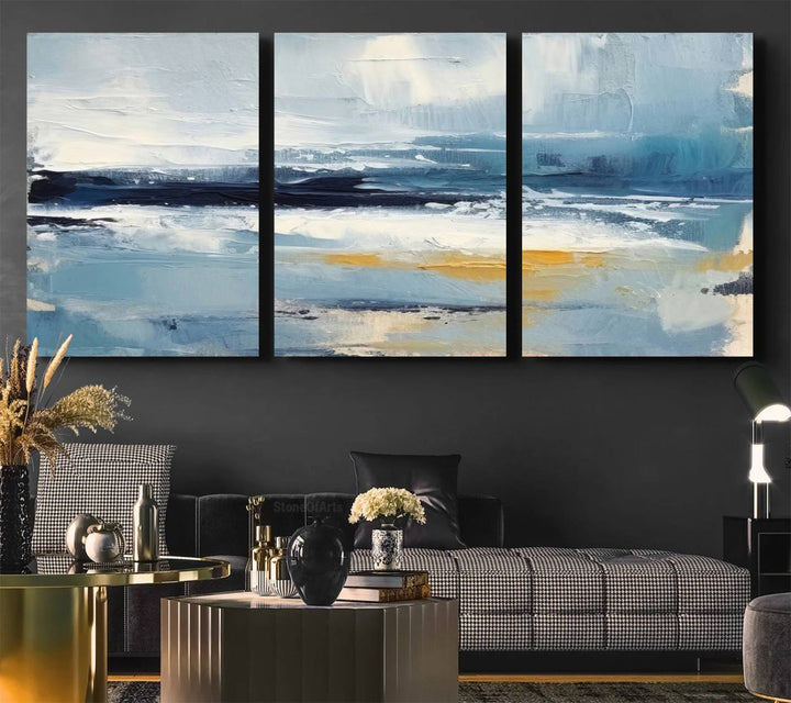 Abstract Ocean Canvas Wall Art - Coastal Blue and Gold Textured Painting, Modern Seascape Decor for Living Room Decor