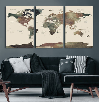 Push Pin World Map Canvas Print – Framed Wall Art for Couples to Track Their Travels – Anniversary Gift or Home Adventure Decor