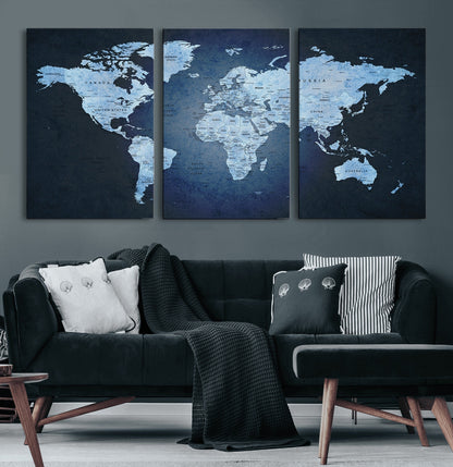 Push Pin World Map Canvas Print – Framed Wall Art for Couples to Track Their Travels – Anniversary Gift or Home Adventure Decor