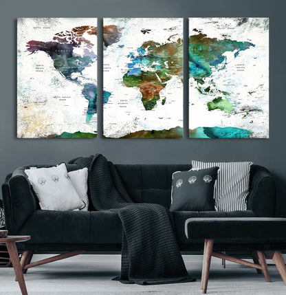 Push Pin World Map Canvas Print – Framed Wall Art for Couples to Track Their Travels – Anniversary Gift or Home Adventure Decor