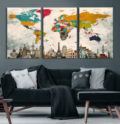 Push Pin World Map Canvas Print – Framed Wall Art for Couples to Track Their Travels – Anniversary Gift or Home Adventure Decor