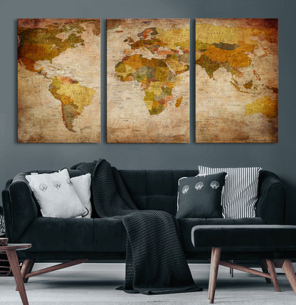 Push Pin World Map Canvas Print – Framed Wall Art for Couples to Track Their Travels – Anniversary Gift or Home Adventure Decor