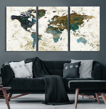 Vintage World Map Wall Art Canvas Print, Framed Rustic Earth Map Art Picture Print, Antique Map Perfect Rustic Vintage Decor Artwork