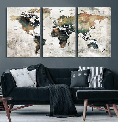 Push Pin World Map Canvas Print – Framed Wall Art for Couples to Track Their Travels – Anniversary Gift or Home Adventure Decor