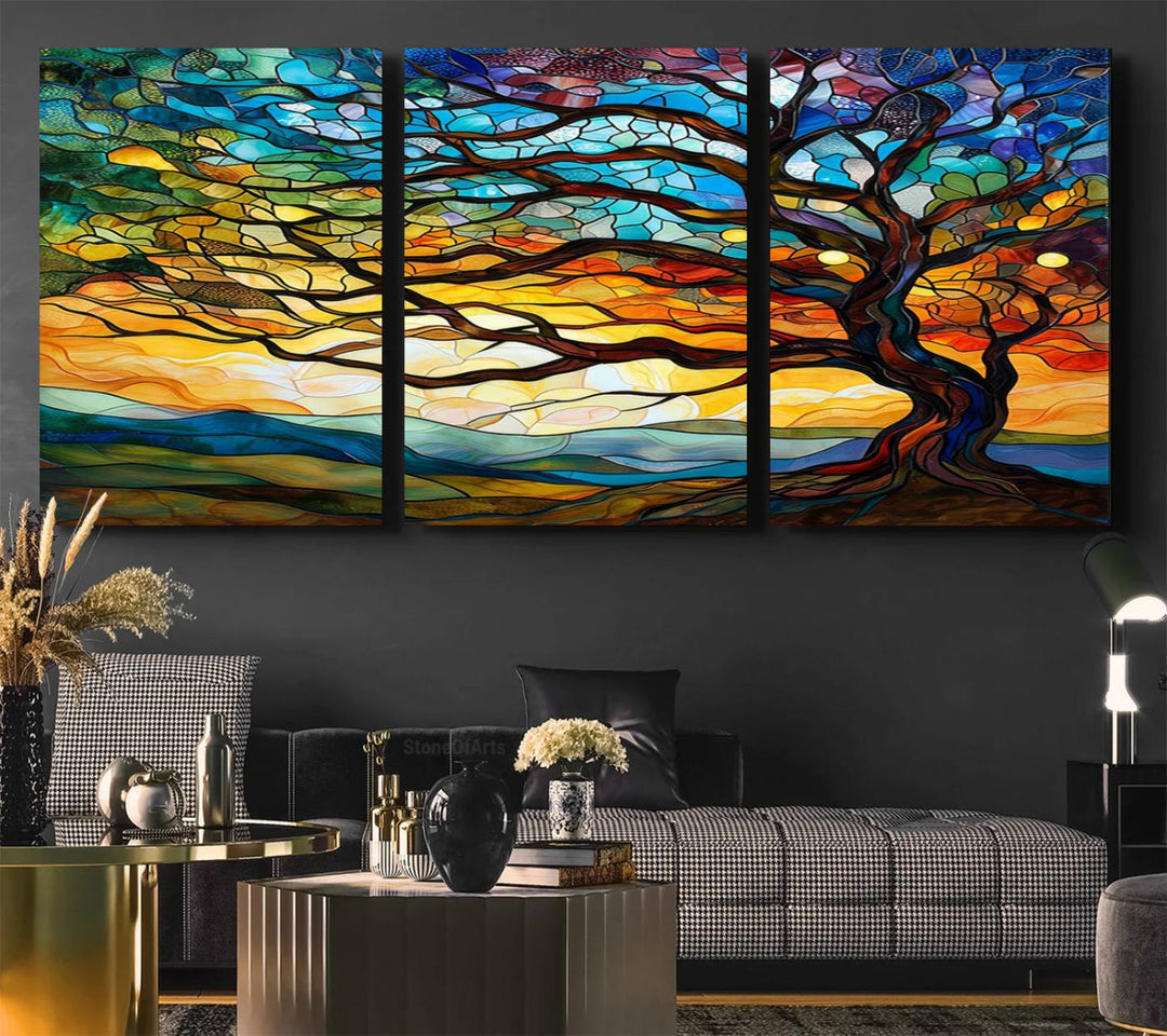 Vibrant Mosaic Tree of Life Wall Art | Stained Glass Style Canvas Print | Ready to Hang Artistic Decor