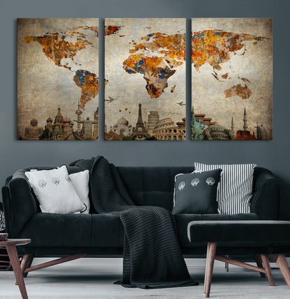 Push Pin World Map Canvas Print – Framed Wall Art for Couples to Track Their Travels – Anniversary Gift or Home Adventure Decor