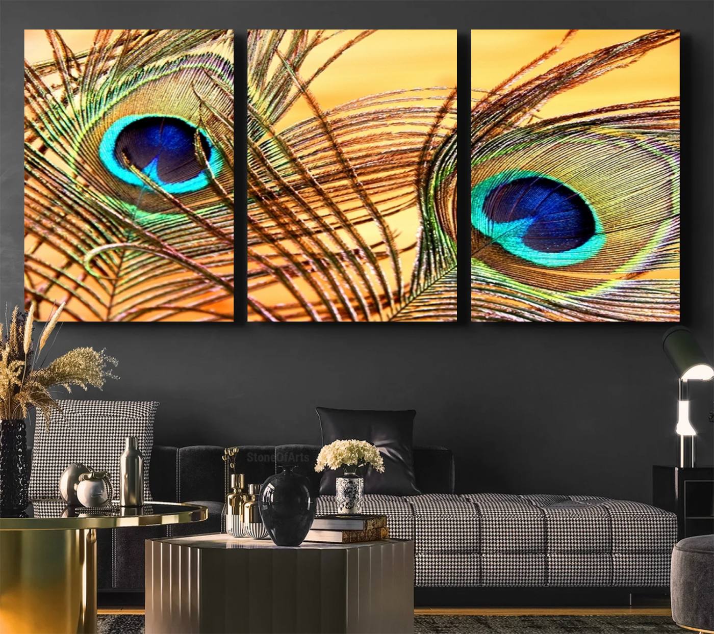 Peacock Feather Wall Art Print - Vibrant Green, Blue, and Orange Peacock Feather Design, Ready to Hang