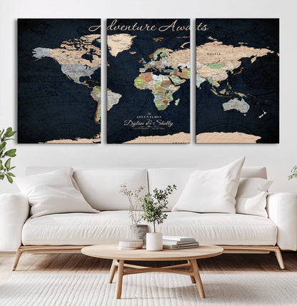 43186793-MGV-CV-60X30-3P-Personalized World Map Print, Customizable Push Pin Framed World Map Print on Canvas - Custom Quote on Map Print