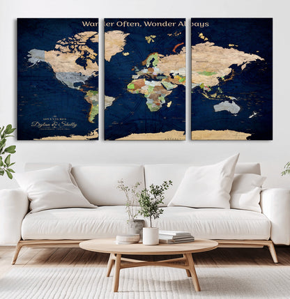 12399561-MGV-CV-60X30-3P-Personalized World Map Print, Customizable Push Pin Framed World Map Print on Canvas - Custom Quote on Map Print