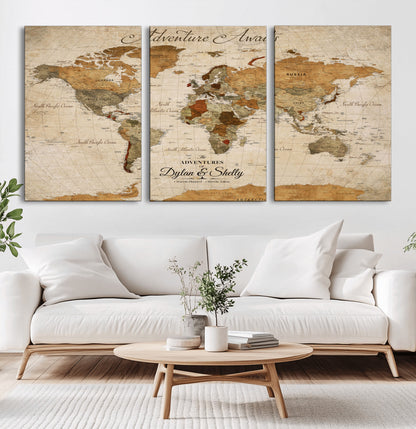 20810820-MGV-CV-60X30-3P-Personalized World Map Print, Customizable Push Pin Framed World Map Print on Canvas - Custom Quote on Map Print