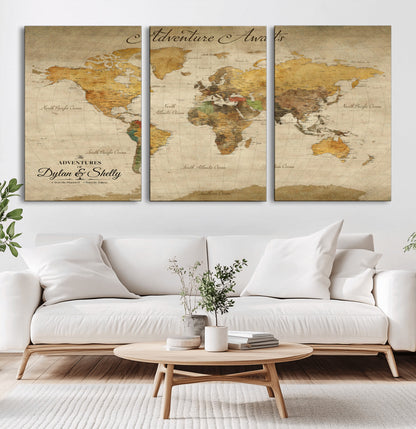 50298017-MGV-CV-60X30-3P-Personalized World Map Print, Customizable Push Pin Framed World Map Print on Canvas - Custom Quote on Map Print