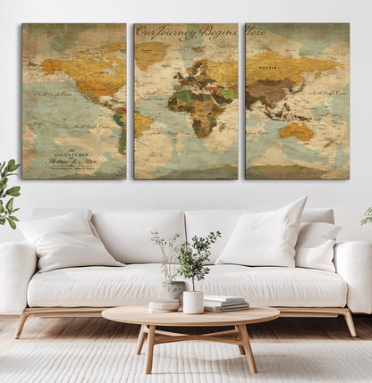 40572820-MGV-CV-60X30-3P-Custom Push Pin World Map Wall Canvas Print – Personalized Travel Tracker with Pins – Framed Custom Quotie Canvas for Home Office Decor