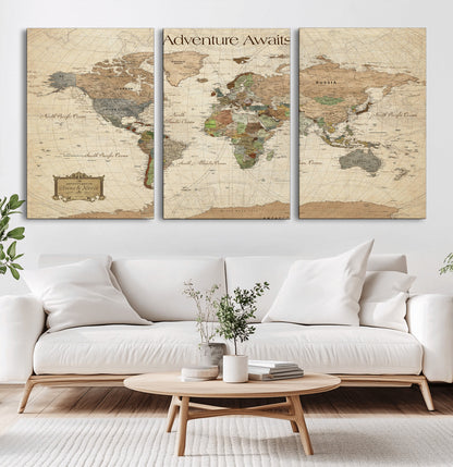 33020399-MGV-CV-60X30-3P-Custom Push Pin World Map Wall Canvas Print – Personalized Travel Tracker with Pins – Framed Custom Quotie Canvas for Home Office Decor