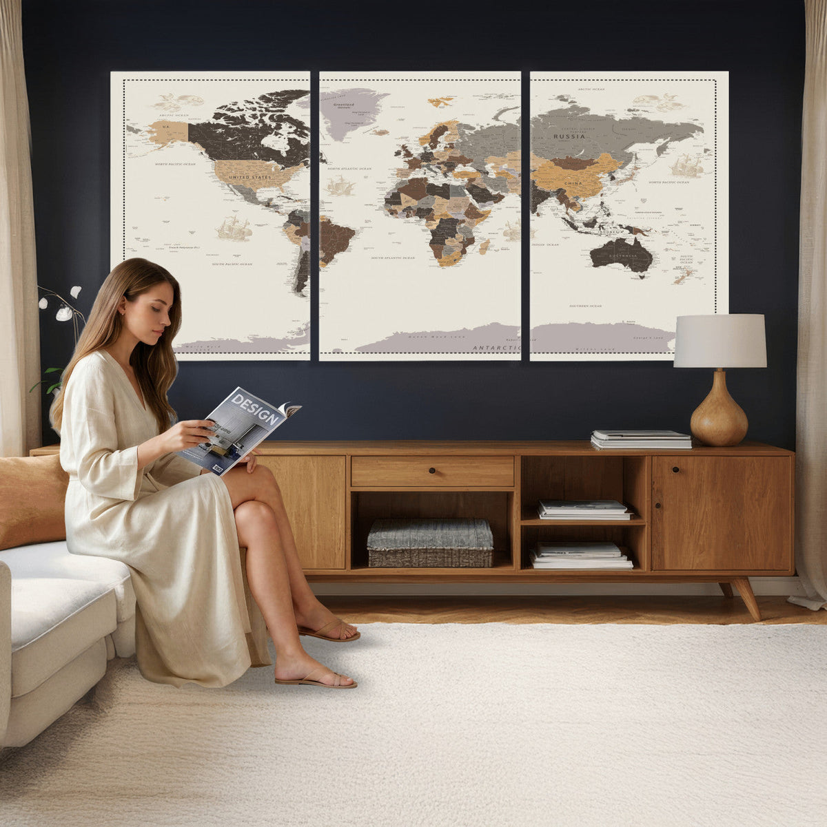 58777746-MGV-CV-36X24 - Custom Beige Modern Push Pin World Map Canvas Print, Places Visited Tracker, Bedroom and Study Decor