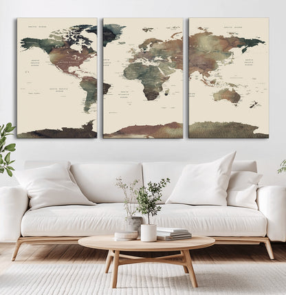 Push Pin World Map Canvas Print – Framed Wall Art for Couples to Track Their Travels – Anniversary Gift or Home Adventure Decor