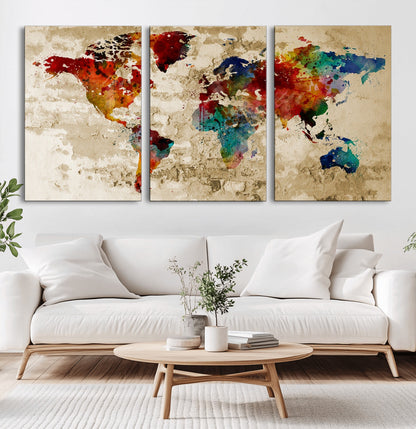 Push Pin World Map Canvas Print – Framed Wall Art for Couples to Track Their Travels – Anniversary Gift or Home Adventure Decor