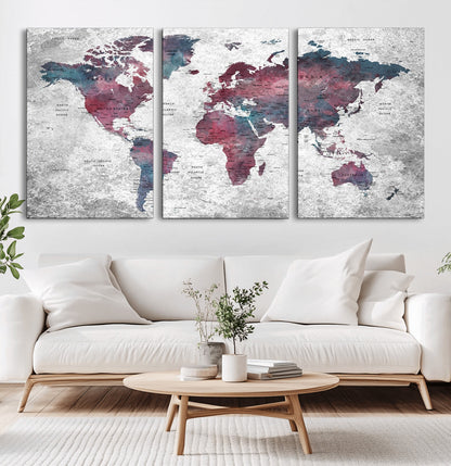 Push Pin World Map Canvas Print – Framed Wall Art for Couples to Track Their Travels – Anniversary Gift or Home Adventure Decor