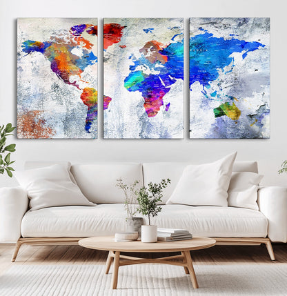 Push Pin World Map Canvas Print – Framed Wall Art for Couples to Track Their Travels – Anniversary Gift or Home Adventure Decor