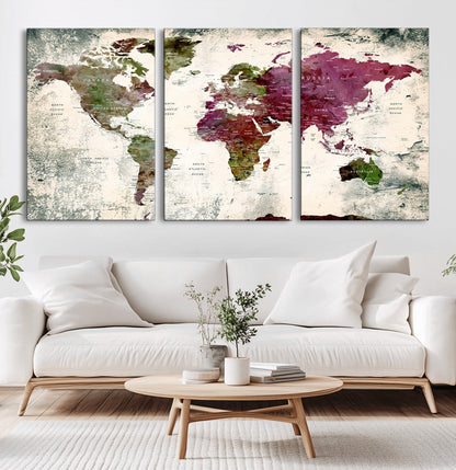 Push Pin World Map Canvas Print – Framed Wall Art for Couples to Track Their Travels – Anniversary Gift or Home Adventure Decor