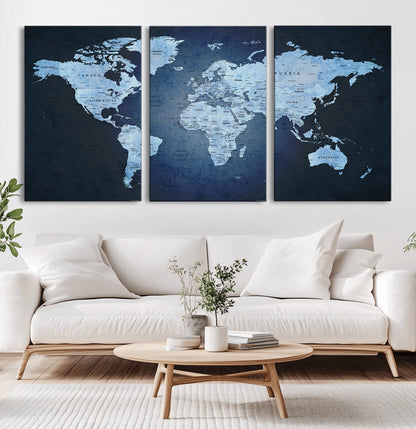 Push Pin World Map Canvas Print – Framed Wall Art for Couples to Track Their Travels – Anniversary Gift or Home Adventure Decor