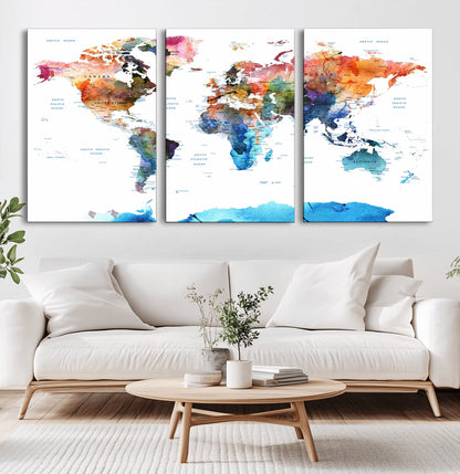 Push Pin World Map Canvas Print – Framed Wall Art for Couples to Track Their Travels – Anniversary Gift or Home Adventure Decor