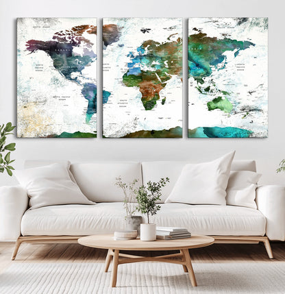 Push Pin World Map Canvas Print – Framed Wall Art for Couples to Track Their Travels – Anniversary Gift or Home Adventure Decor