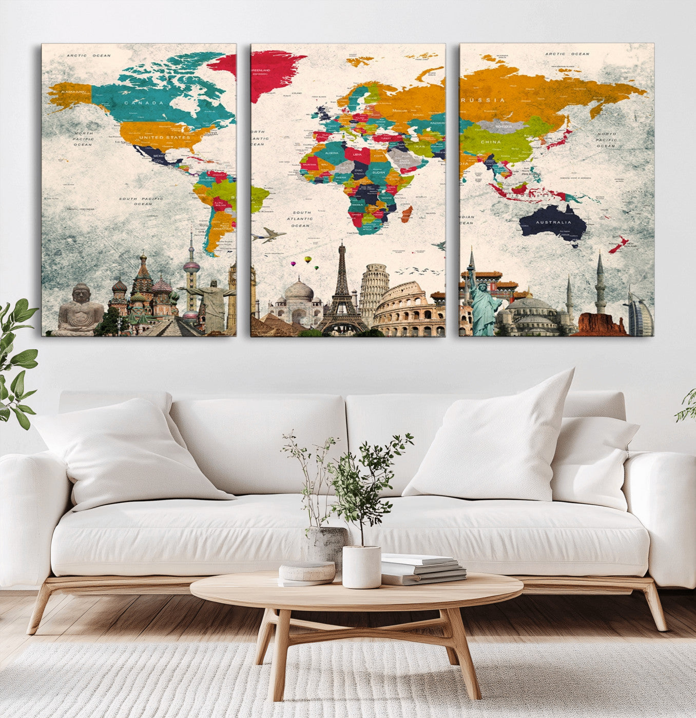 Push Pin World Map Canvas Print – Framed Wall Art for Couples to Track Their Travels – Anniversary Gift or Home Adventure Decor