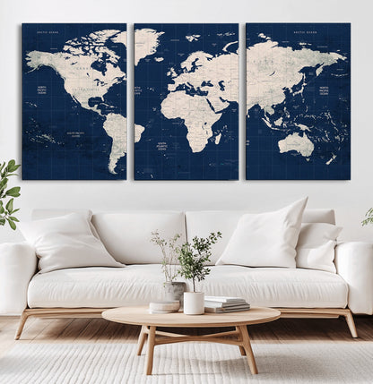 Push Pin World Map Canvas Print – Framed Wall Art for Couples to Track Their Travels – Anniversary Gift or Home Adventure Decor