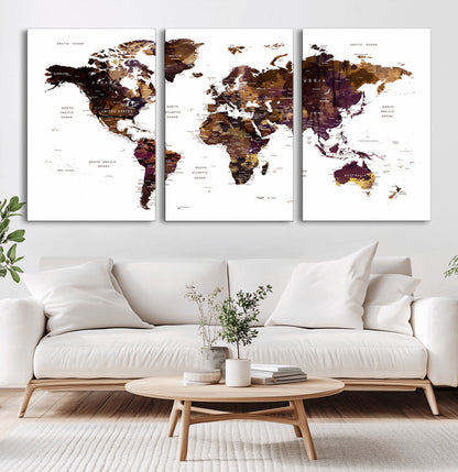 Push Pin World Map Canvas Print – Framed Wall Art for Couples to Track Their Travels – Anniversary Gift or Home Adventure Decor