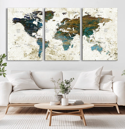 Push Pin World Map Canvas Print – Framed Wall Art for Couples to Track Their Travels – Anniversary Gift or Home Adventure Decor