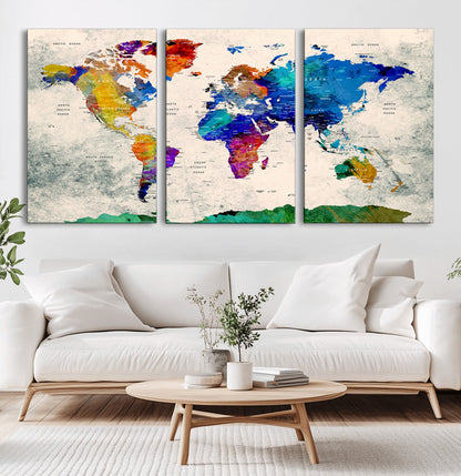 Push Pin World Map Canvas Print – Framed Wall Art for Couples to Track Their Travels – Anniversary Gift or Home Adventure Decor