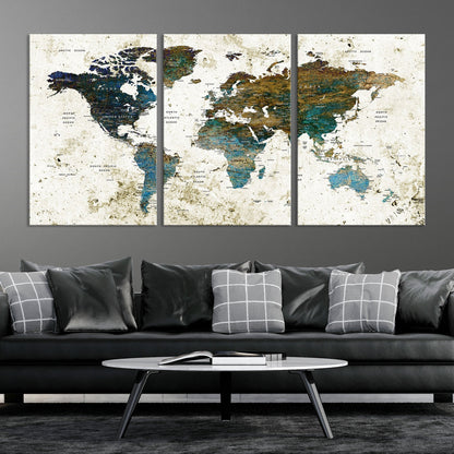 Vintage World Map Wall Art Canvas Print, Framed Rustic Earth Map Art Picture Print, Antique Map Perfect Rustic Vintage Decor Artwork