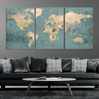 Classic World Map Wall Art Canvas Print, Framed Retro Map Art Picture Print, Vintage Atlas Perfect Rustic Explorer Decor Artwork