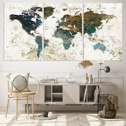 Vintage World Map Wall Art Canvas Print, Framed Rustic Earth Map Art Picture Print, Antique Map Perfect Rustic Vintage Decor Artwork