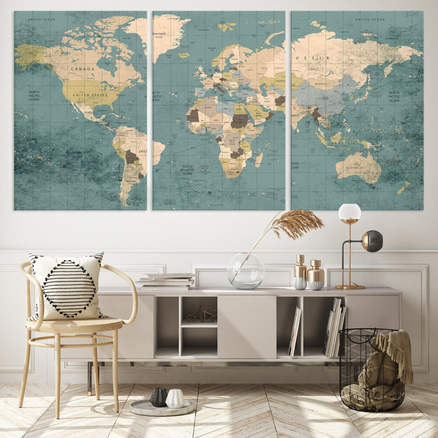 Classic World Map Wall Art Canvas Print, Framed Retro Map Art Picture Print, Vintage Atlas Perfect Rustic Explorer Decor Artwork