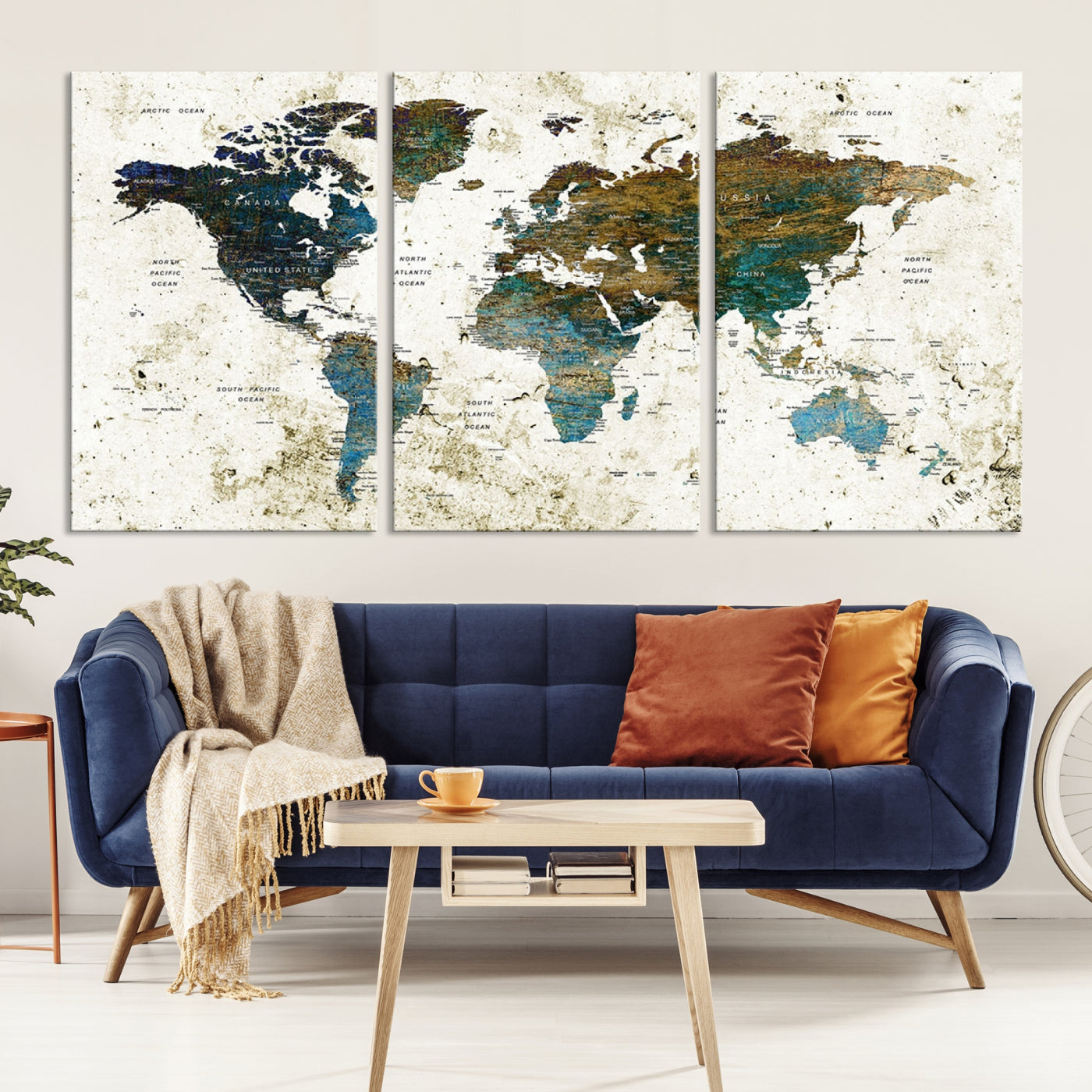 Vintage World Map Wall Art Canvas Print, Framed Rustic Earth Map Art Picture Print, Antique Map Perfect Rustic Vintage Decor Artwork