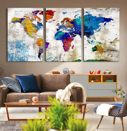 Push Pin World Map Canvas Print – Framed Wall Art for Couples to Track Their Travels – Anniversary Gift or Home Adventure Decor